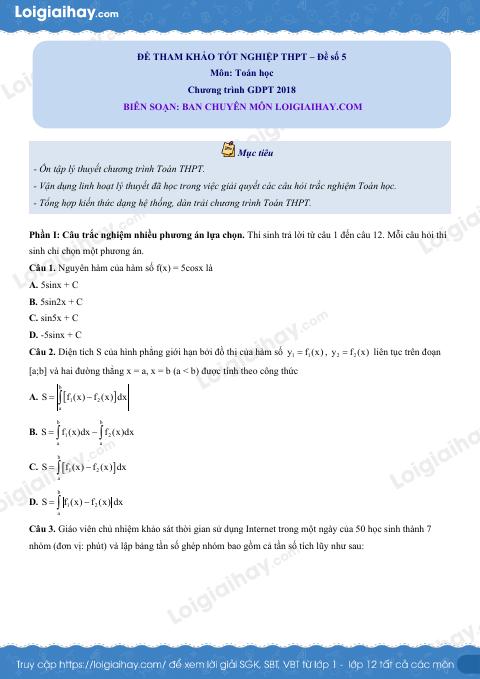 Đề tham khảo thi THPT môn Toán - Đề số 5 (hay, chi tiết)